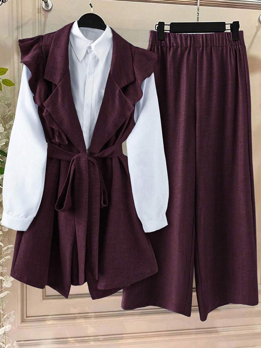 EMERY ROSE Plus Size Women's Solid Color Contrast Ruffle Trim Faux Pocket Full Button Elegant Commuter Blazer Jacket + Solid Button A-Line Simple Versatile Skirt 2 Pieces Set - Rusty Rose - View 1