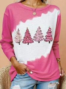 EMERY ROSE Camiseta de manga larga de ajuste holgado con estampado de árbol de Navidad para mujer - Rosa - Ver 1