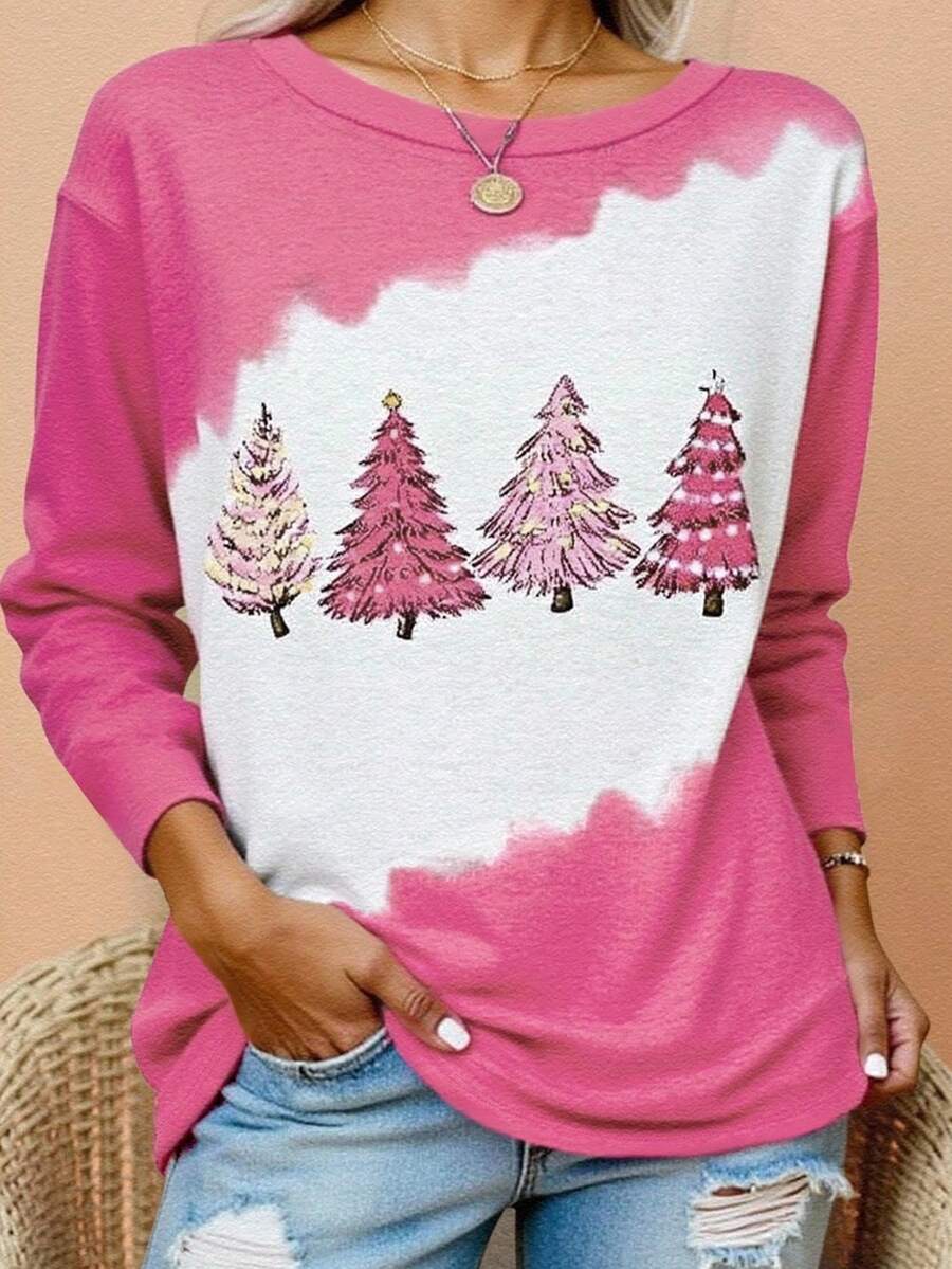 EMERY ROSE Camiseta de manga larga de ajuste holgado con estampado de árbol de Navidad para mujer - Rosa - Ver 1
