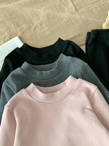SHEIN Bộ 6 món/Bộ áo dài tay dệt kim màu trơn họa tiết hoạt hình dễ thương thường ngày và quần dài cho bé gái - Nhiều màu - Xem 8