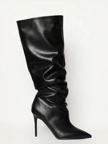 MUSERA Slouch Faux Leather Black Pointed Toe Heeled Knee-High Boots For