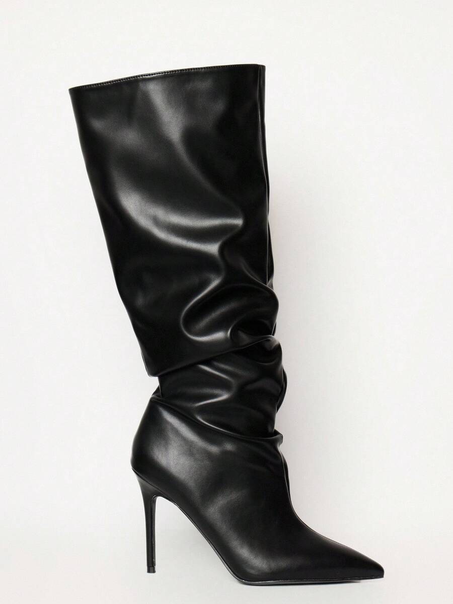 MUSERA Slouch Faux Leather Black Pointed Toe Heeled Knee-High Boots For Fall Shoes Halloween Winter