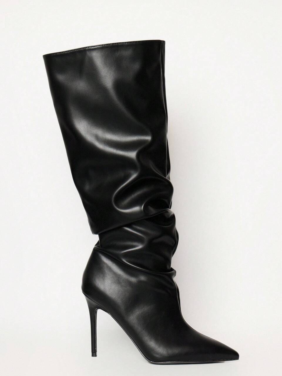 Black Slouch Faux Leather Pointed Toe Heeled Knee-High Boots