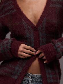 MUSERA Flauschige gestrickte karierte oversized V-Ausschnitt Strickjacke für Herbst, Winter, Abende, Ausgehen, Streetwear, süß, sexy, ungeschnitten, elegant, Abendparty, Weihnachten, Neujahr, Erntedankfest