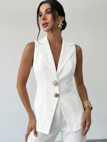 Firerie Áo vest blazer thời trang mới thanh lịch, tối giản, sang trọng, thường ngày, đa năng, đi làm, có khóa kim loại, không tay, màu tím nhạt, mùa hè - trắng - Xem 8