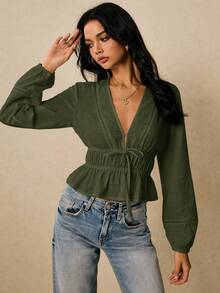 Poéselle 女式纯色深V领系带优雅办公室长袖衬衫 - 軍綠色 - 查看 4