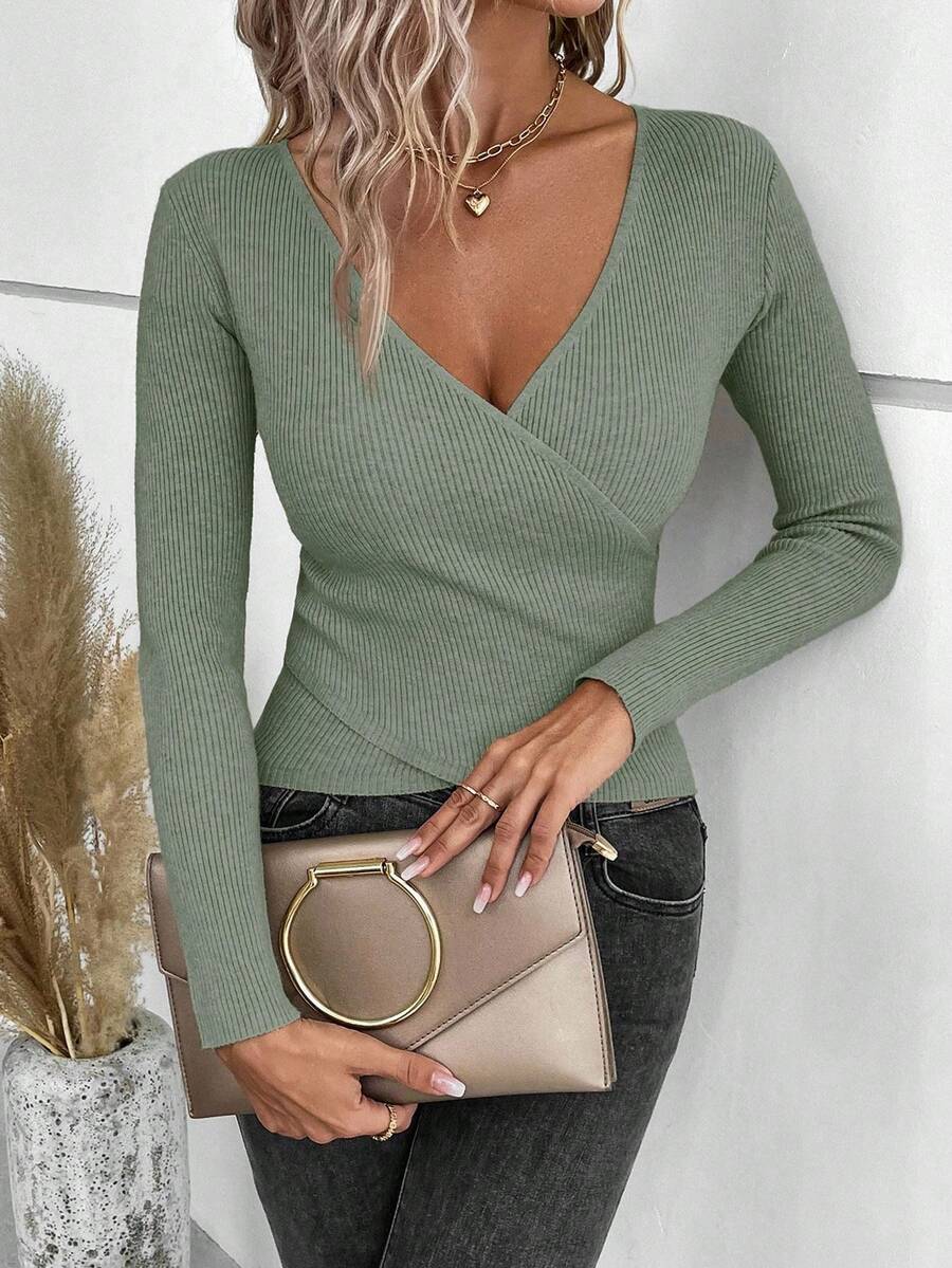 SHEIN Clasi V-Neck Criss-Cross Wrap Elegant Long Sleeve Pullover Sweater,Fall,Fall Clothes For Women - Mint Green - View 1