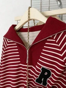 INAWLY 马球领拉链条纹字母贴片休闲长袖运动衫 - 酒紅色 - 查看 8