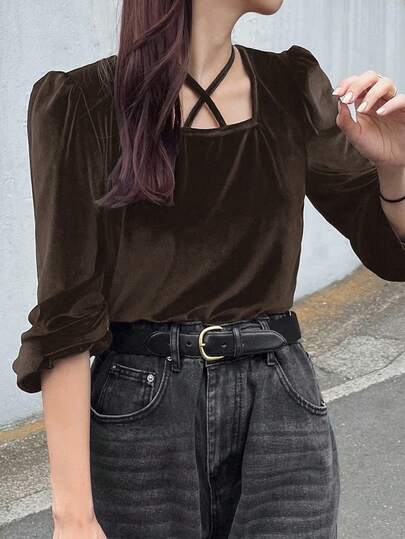 FRIFUL Women's Black Solid Square Neck Long Sleeve Cuff Tie Collar Casual Versatile T-Shirt, Autumn