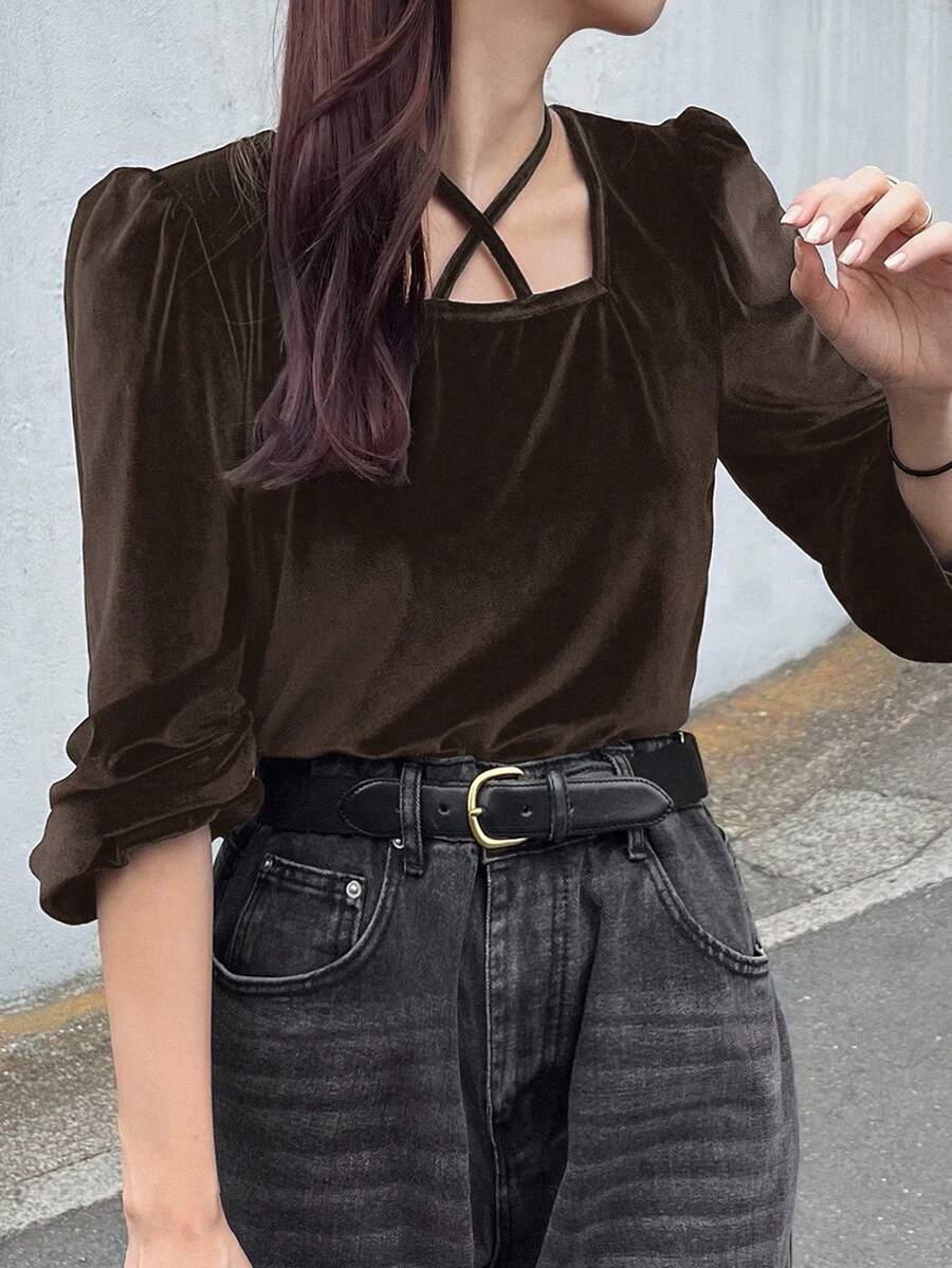 FRIFUL Áo thun nữ cổ vuông tay dài màu đen trơn, cổ bẻ, thắt nơ, thường ngày, đa năng, mùa thu - màu nâu - Xem 1