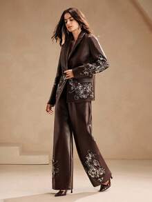 Anewsta 纯色缀饰水钻翻领长袖 H 字形皮革西装外套和直腿裤套装 - 棕色 - 查看 7