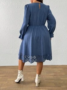 EMERY ROSE Damen Große Größen Rundhals Kleid aus Kunstdenim-Blau Stoff mit taillierter Taille, Blume Muster und Langarm, für Lässig und Büro, Herbst/Winter - Blau - Übersicht 2