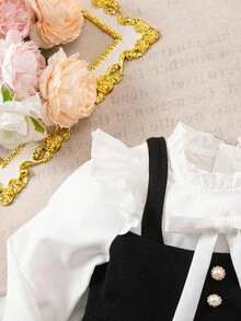 女婴学院风可爱二合一黑白拼接长袖连衣裙 - 白色 - 查看 7