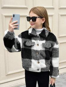 SHEIN 青少年女孩休闲学院风双面泰迪羊毛格子领扣式长袖短款厚夹克，女童夹克秋冬女装 - 黑與白 - 查看 6