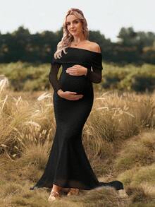 SHEIN 孕妇装圣诞节优雅派对婴儿洗礼派对拍摄礼服 - 黑色 - 查看 4