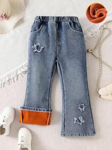 Tween Girls' Thermal Lined Star Embroidered Flare Jeans,Vintage Washed Blue Denim,Winter,School,Back-To-School,Streetwear,Blue And Orange,Non-Stretch - Blue - View 1