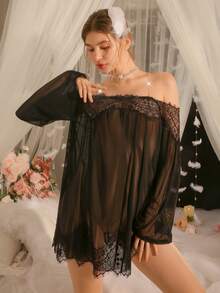 DelicateAllure 女士性感薄纱蕾丝睡裙，秋冬款 - 黑色 - 查看 3