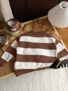 LMoss Kids LMoss 1pc Young Boys Korean Style Cute Casual Striped High Neck Oversized Warm Sweater, Can Be Worn Under Or Outerwear, Suitable For Outings, School, Daily Gatherings, Christmas, Autumn/Winter Red And White Sweaterkids Knit Sweaterstriped Sweater - Brown - View 2