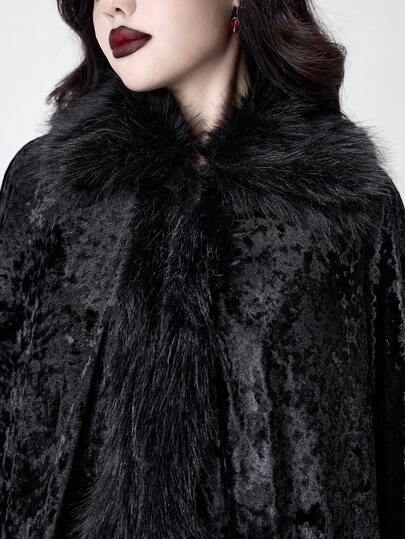 Goth Vintage Palace Patchwork Faux Fur Collar Diamond Velvet Lace Trim Gothic Cloak