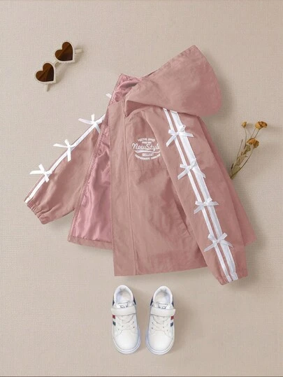 Tween Girl Casual Fashion Long Sleeve English Graphic Striped Trim + Bow Decor Jacket