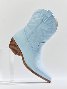 Solezae Women Comfortable Point Toe Block Heel Embroidered Cowboy Ankle Boots - Blue - View 2