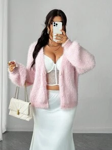 Elenzga Plus Size Women Solid Color Drop Shoulder Long Sleeve Casual Knit Cardigan, Autumn/Winter - Pink - View 7