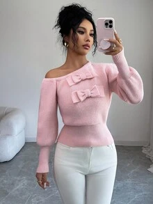 Elenzga Women's Fashion Casual Oblique Collar Bow Pullover Pink Sweater, Christmas, New Year, Thanksgiving Gift