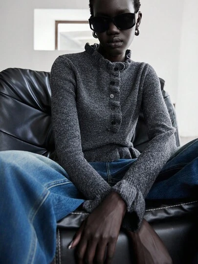 SHEIN Luminelle Cárdigan de punto con dobladillo de volantes en capas, elegante y dulce, suéter versátil