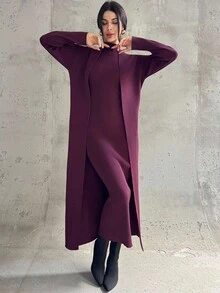 Firerie Women's Burgundy Vintage French Fitted Knit Dress And Cardigan Two Pieces Set, Dress And Cardigan Sweater Suit, Elegant Commuter Women's Outfit, Autumn/Winter Clothing, Graceful, Commuter,Cozy Fall And Winter Clothes For Women,New Year Clothes