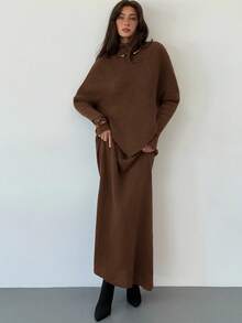 Aloruh Bộ 2 món áo len dệt kim màu tím dày dặn mùa đông mới cho nữ, áo len dáng rộng, váy liền thân - màu nâu - Xem 4