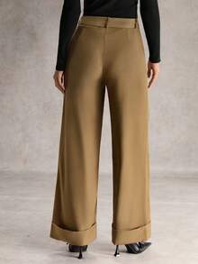 SHEIN Unity 优雅休闲度假卡其色高腰直筒裤，秋冬女士 - 卡其色 - 查看 2