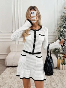 SHEIN LUNE Women's Elegant Commuter Contrast Trim Cardigan & Knit Skirt 2 Pieces Set Christmas