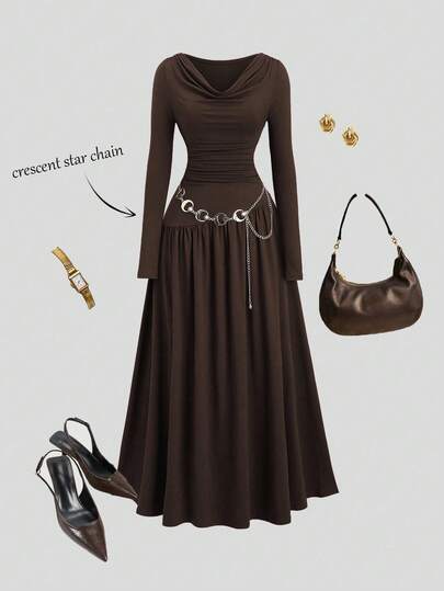 Sweetra Robe simple et élégante à manches longues avec décolleté plongeant et décoration de collier, couleur café, pour femmes en automne/hiver