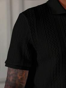 Manfinity CasualCool 男式白色几何条纹纹理面料休闲 Polo 衫 - 黑色 - 查看 2