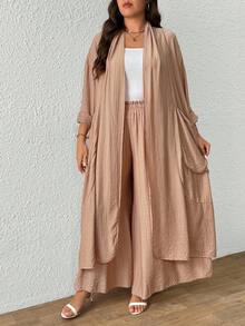 EMERY ROSE Plus Size Women Solid Color Casual Long Sleeve Cardigan And Wide Leg Pants 2 Pieces Set