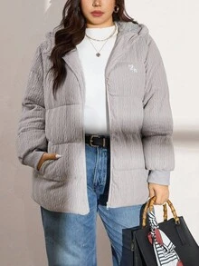 Zelara 大码女式纯色长袖拉链连帽羽绒服，冬季假日保暖灰色外套，冬季舒适保暖，适合秋季圣诞节、新年、感恩节派对等场合 - 淺灰色 - 查看 2