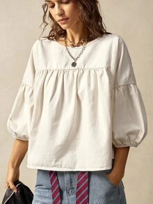 Bohemela 女式宽松绿色泡泡袖度假衬衫 - 杏色 - 查看 5