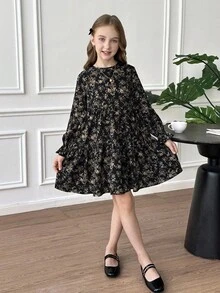 Emery Rose Kids Emery Rose Kids Young Girl Floral Print Round Neck Puff Sleeve Fitted Casual Cake A-Line Dress,Autumn Winter. Back To School - Royal Blue - View 4