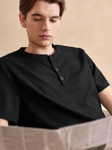 Casual Spring Henry Collar Men's Pajama Set - Black - View 5