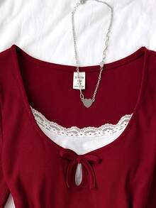 少女红色撞色蕾丝领修身针织长袖休闲百搭街头T恤 - 紅白色 - 查看 5