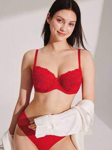 LUVLETTE Christmas & New Years Full Coverage Support Breathable Underwire Red Mesh & Lace Elegance Bra Bridal Intimates