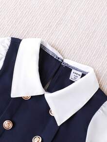 SHEIN Elladie kids 年轻女孩海军蓝彼得潘领双排扣褶裥下摆长袖二合一连衣裙，适合休闲、优雅、通勤、校园风格 - 寶藍色 - 查看 3