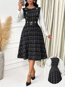 SHEIN Lady Elegant Waist Cinched Long Sleeve Women's Midi Dress