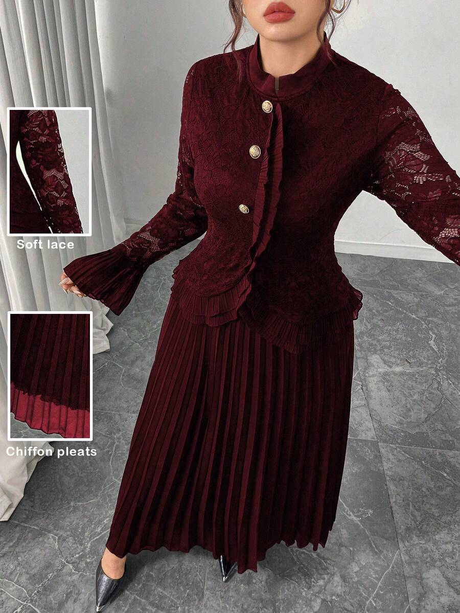 Modelyn Bộ váy midi voan xếp ly và áo ren thanh lịch cỡ lớn cho nữ, đầm dạ hội dự tiệc cao cấp - Đỏ - Xem 1