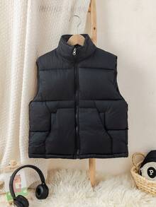 SHEIN Colete acolchoado de cor sólida para meninas pré-adolescentes, roupas de outono e inverno para meninas - Preto - Ver 4