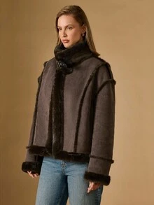 Briarwyn Women's Casual Fashionable Street Commute Suede Faux Fur Jacket, Autumn/Winter,Brown Jacket,Old Money Style Women - Coffee Brown - View 5