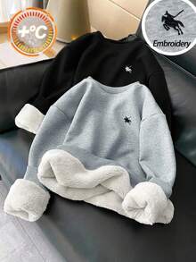 SHEIN 2 件套青少年女孩保暖内衬运动衫套装，宽松圆领长袖马刺绣设计，黑色和灰色，秋冬