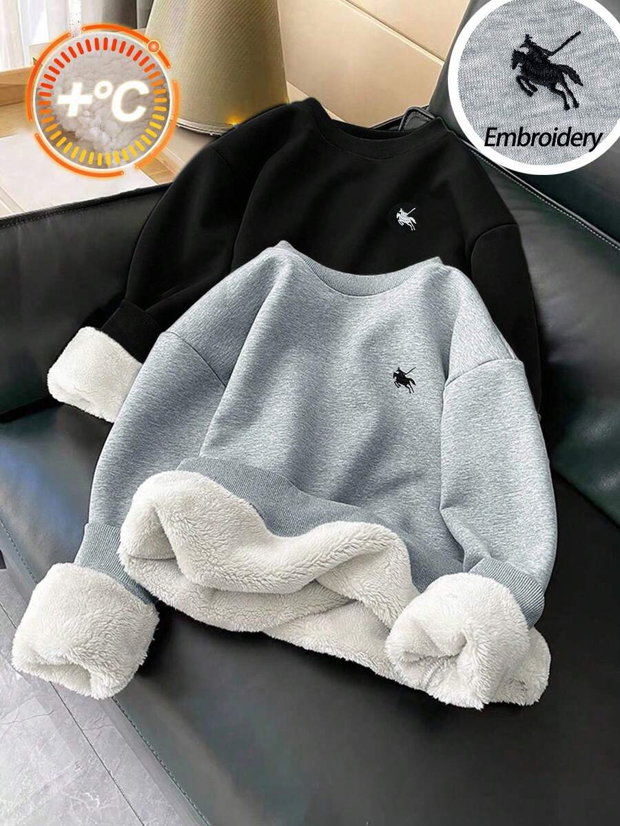 SHEIN 2 件套青少年女孩保暖内衬运动衫套装，宽松圆领长袖马刺绣设计，黑色和灰色，秋冬