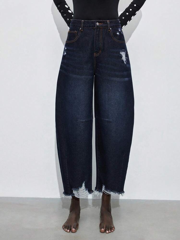 SHEIN Maija Damen High Waist Jeans mit Taschen und Destroyed-Effekt, lässig weite Passform Denimhose für urbanen Alltag, Business Lässig, Büromode, Party