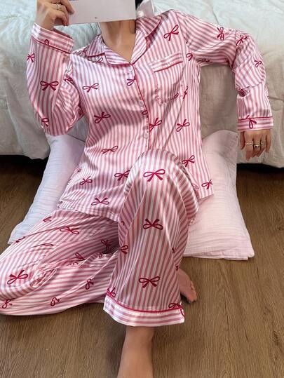 Roze Satijnen Long Sleeve Top Pants Pajama Set Gestreepte Bow Print Home Wear Pyjama Sets Women, Fall Clothes view 6